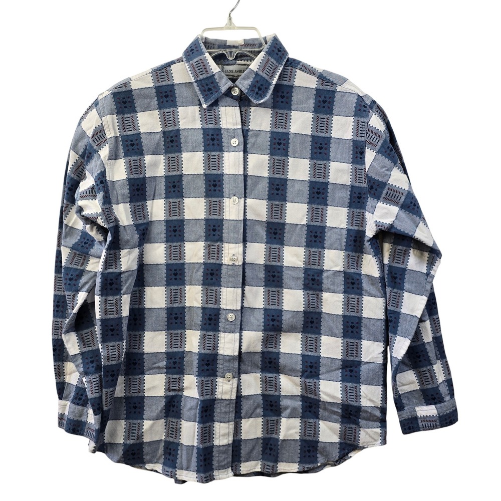 Jane Ashley Blue White Gingham Heart Button Down Shirt 100% Cotton Womens Medium - Picture 2 of 7